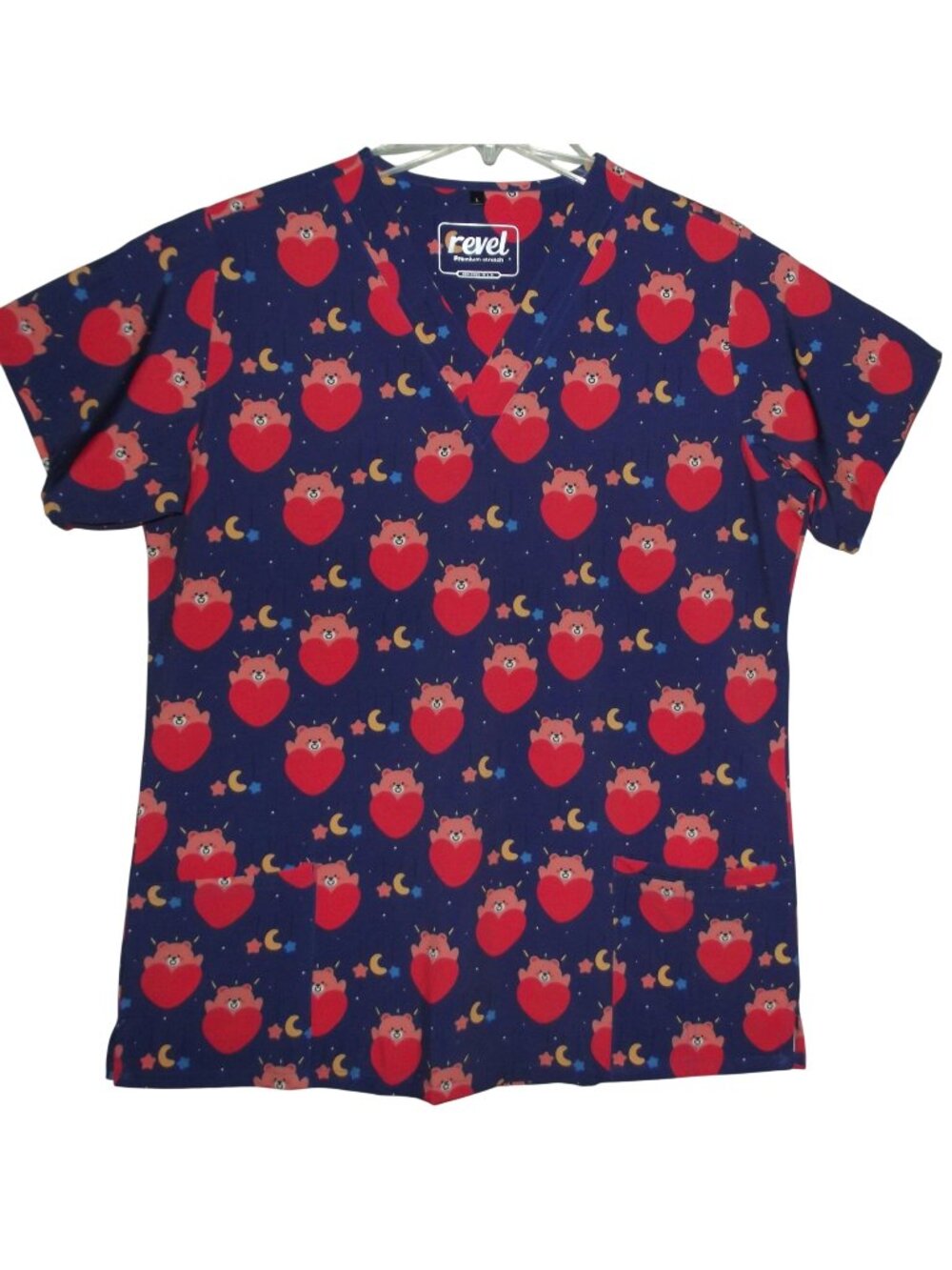 Revel Scrubs Top Womens Size Large blue bears hearts v-neck pockets Poly Stretch